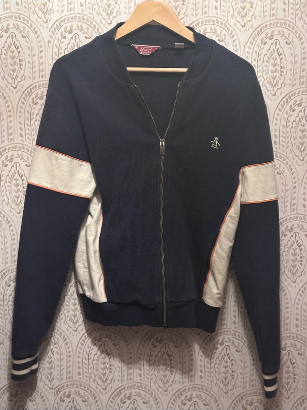 Original Penguin by Munsingwear Navy and White Zip Front Varsity Sweatshirt
